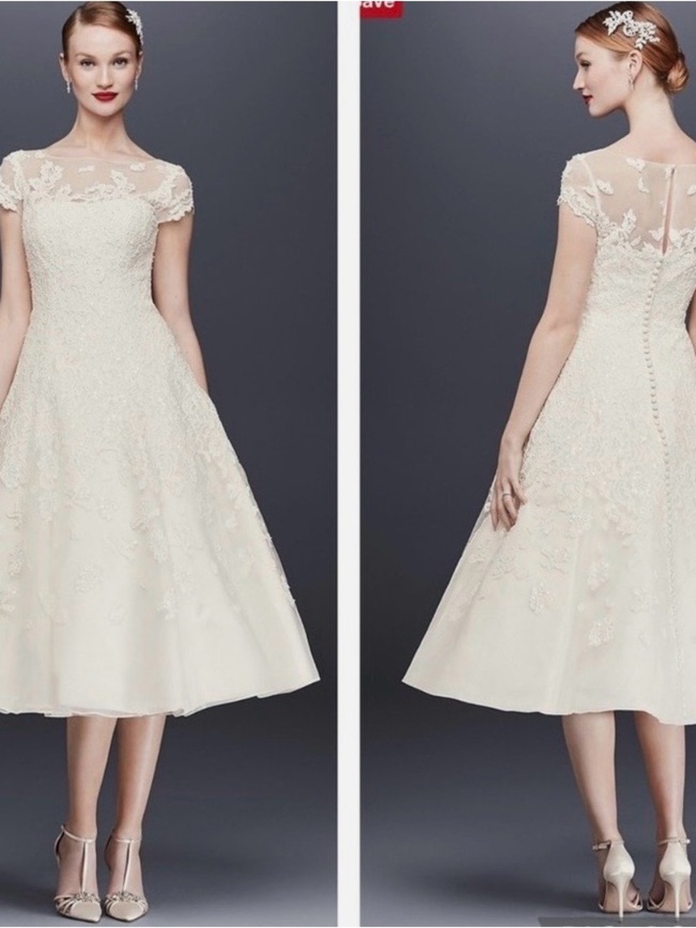 Oleg Cassini Ivory Tea-Length Lace A-Line Bridal Dress with Illusion Neckline